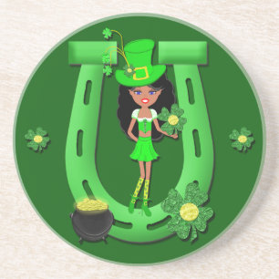 St Patrick’s Day Brunette Girl Leprechaun Coaster