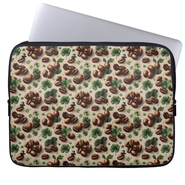 St. Patrick’s Day Coffee & Shamrock Pattern Laptop Sleeve (Front)