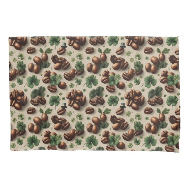 St. Patrick’s Day Coffee & Shamrock Pattern Pillowcase (Front)