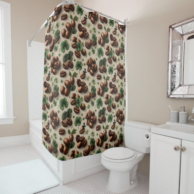 St. Patrick’s Day Coffee & Shamrock Pattern Shower Curtain (In Situ)