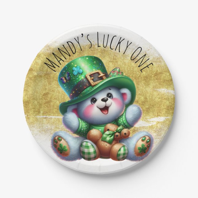 St. Patrick’s Day Cute Bear Green Gold Lucky Paper Plate (Front)