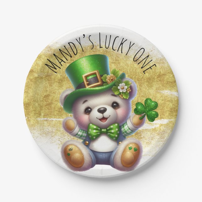 St. Patrick’s Day Cute Bear Green Gold Paper Plate (Front)