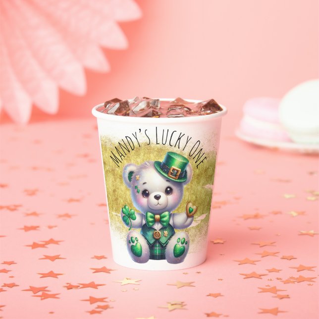 St. Patrick’s Day Cute Bear Green Gold Shamrock  Paper Cups (Insitu)