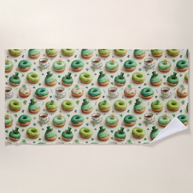 St. Patrick’s Day Donuts & Coffee Watercolor Beach Towel (Front)