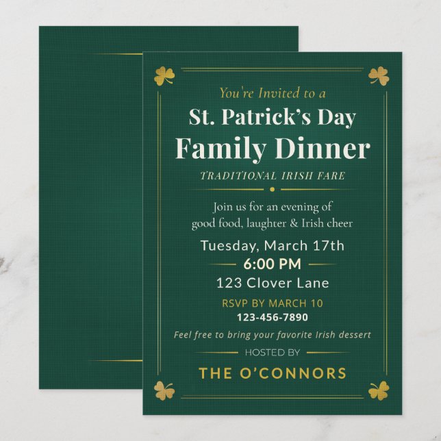 St. Patrick’s Day Family Dinner Traditional Irish  Invitation (Front/Back)