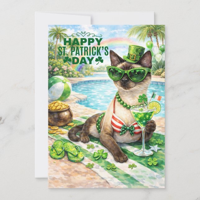 St. Patrick’s Day Glam Cat Pool Party  Holiday Card (Front)