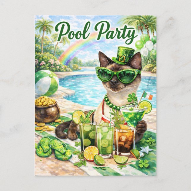 St. Patrick’s Day Glam Cat Pool Party  Invitation Postcard (Front)