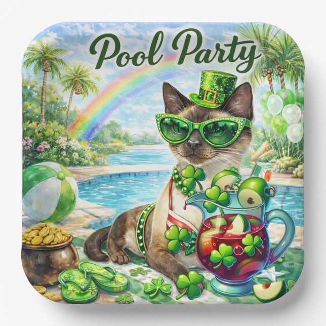 St. Patrick’s Day Glam Cat Pool Party  Paper Plate (Front)