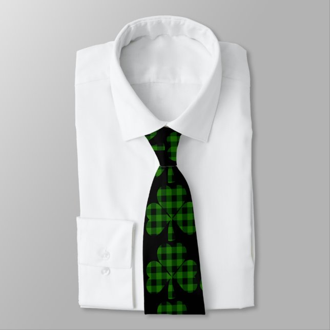 St. Patrick’s day green black plaidvshamrocks Tie (Tied)