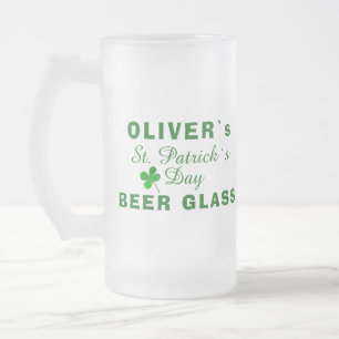 St Patrick`s day Green Clover Name Frosted Glass Beer Mug