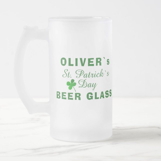 St Patrick`s day Green Clover Name Frosted Glass Beer Mug (Left)