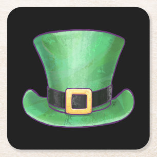 St Patrick’s Day Green Top Hat on Black Square Paper Coaster