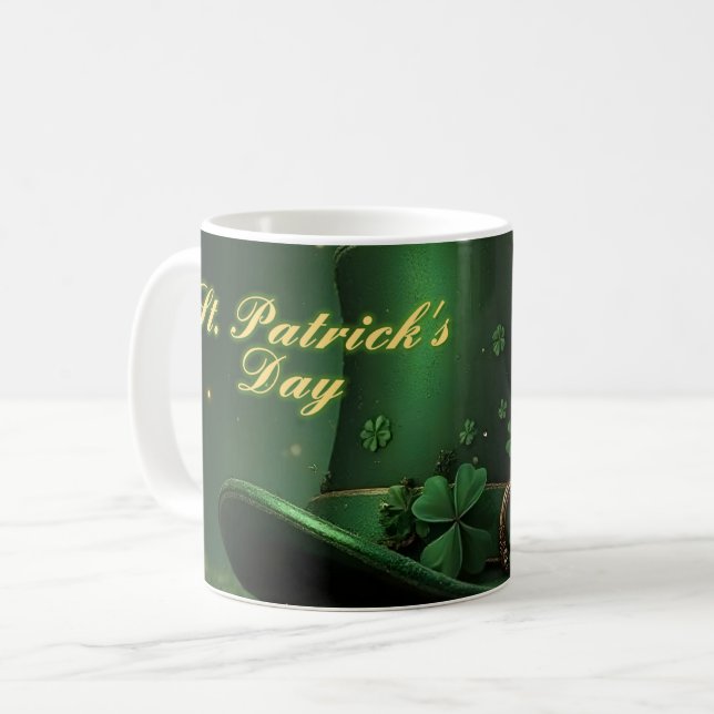 St. Patrick’s Day Hat and Shamrock Design Coffee Mug (Front Left)
