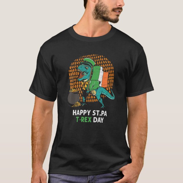 St. Patrick`s Day Irish Flag T-Rex Lucky Cloverlea T-Shirt (Front)
