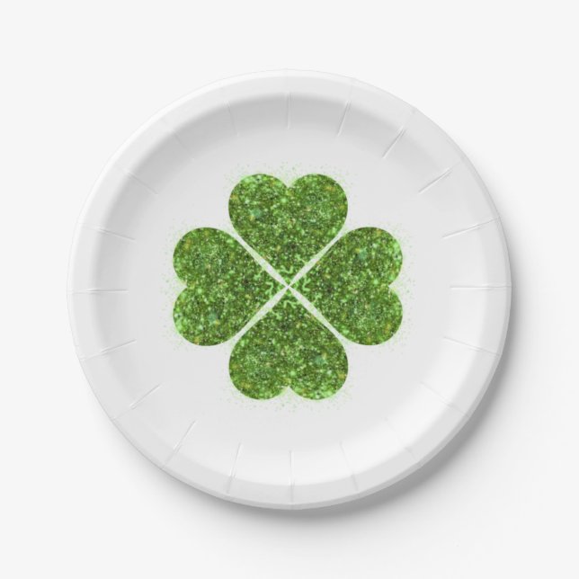 St. Patrick’s day, Irish green glittering clover Paper Plate (Front)