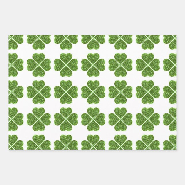 St. Patrick’s day, Irish green glittering clover Wrapping Paper Sheet (Front)