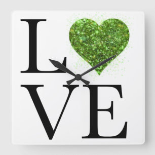 St. Patrick’s day   Love   green glittering heart Square Wall Clock