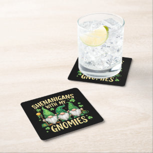 St Patrick’s Day Lucky Shamrock Gnome  Square Paper Coaster