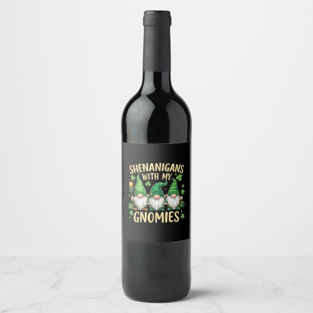 St Patrick’s Day Lucky Shamrock Gnome  Wine Label (Front)
