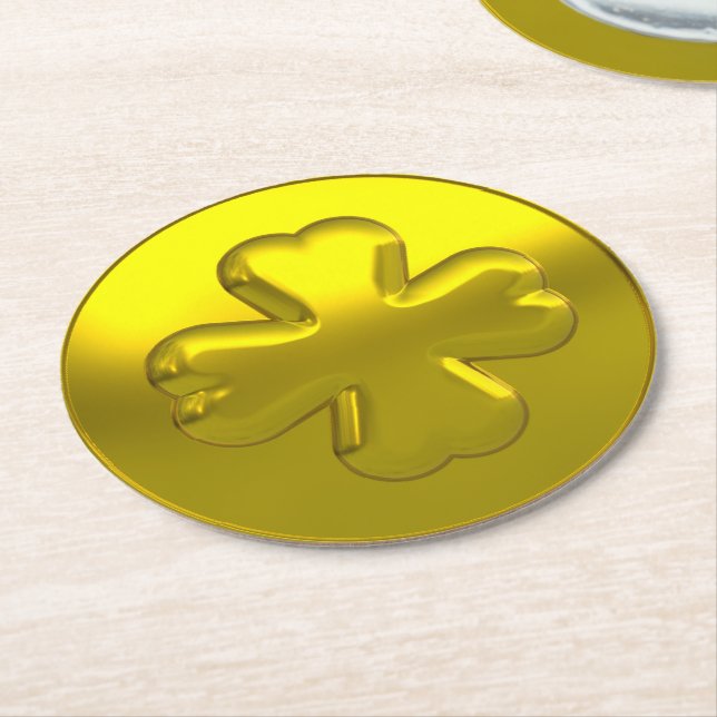 St. Patrick’s Day Luxury Gold Shamrock Coin Round Paper Coaster (Angled)
