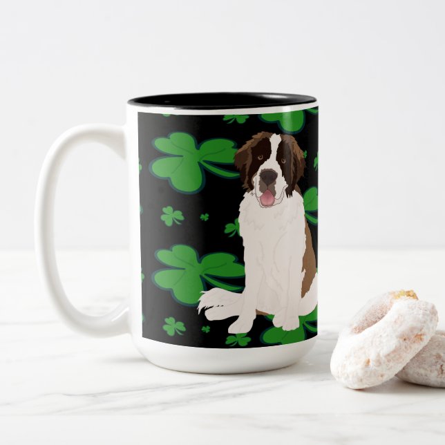 St. Patrick’s Day Saint Bernard  Two-Tone Coffee Mug (With Donut)