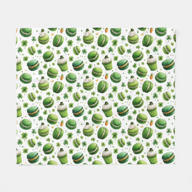 St. Patrick’s Day Watercolor Macaron & Shamrock  Fleece Blanket (Front (Horizontal))