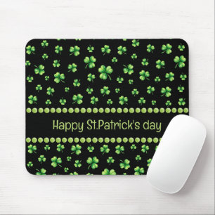 St. Patrick’s Day Watercolor Shamrock on black  Mouse Mat