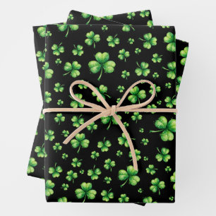 St. Patrick’s Day Watercolor Shamrock on black Wrapping Paper Sheet