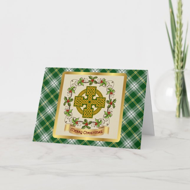 St Patrick Tartan w/Celtic Cross Personalised Holiday Card (Front)
