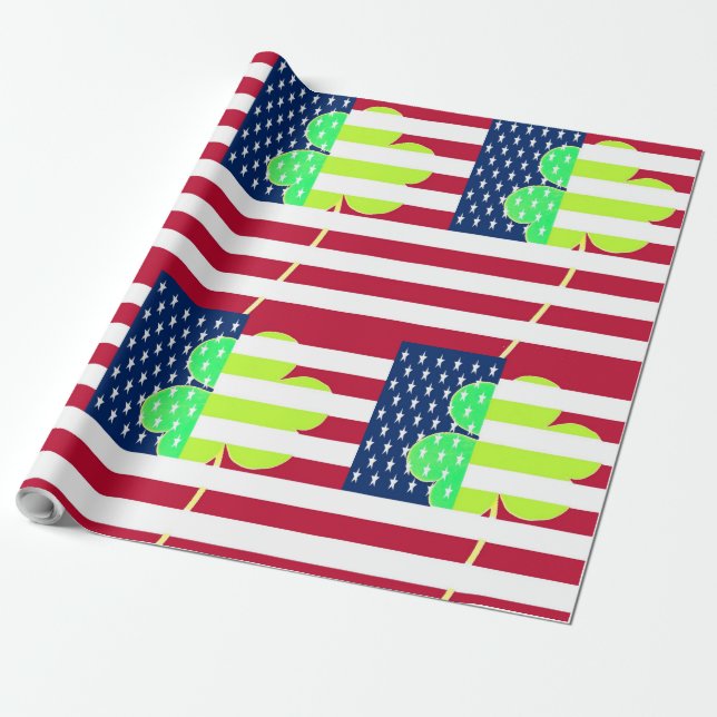 St. Patrick USA Ireland Shamrock American Flag Wrapping Paper (Unrolled)