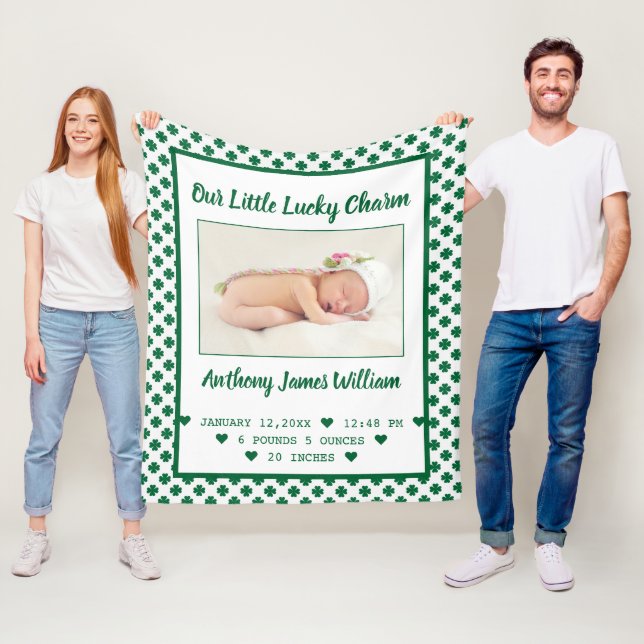 St. Patrick's Birth Announcement Baby Photo Name Fleece Blanket (In Situ)