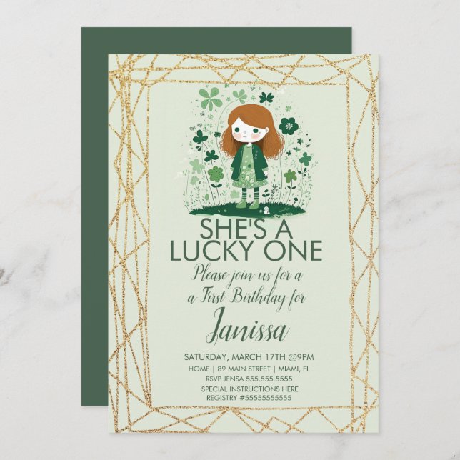 St. Patricks Birthday Girl Shamrock Glitter Frame Invitation (Front/Back)