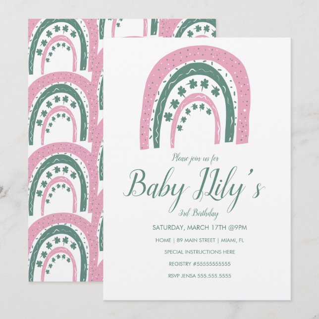 St. Patricks Birthday Rainbow Hand Drawn Pink Invi Invitation (Front/Back)
