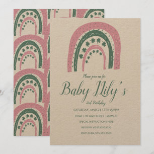 St. Patricks Birthday Rainbow Hand Drawn Pink Invi Invitation