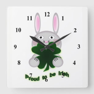 St. Patricks Bunny Proud to be Irish Shamrock Square Wall Clock