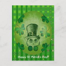 St. Patrick's Cat with Shamrocks Drawing Postcard