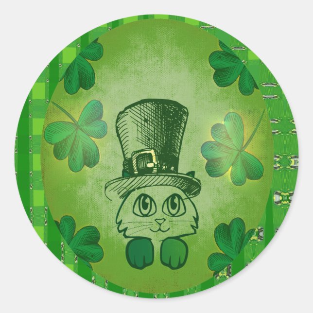 St. Patrick's Cat with Shamrocks Drawing Sticker (Front)