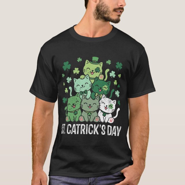 St Patricks Catricks Day Funny Cats Shamrock T-Shirt (Front)