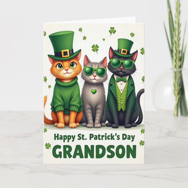 St Patricks Cats Grandson Card (Front)