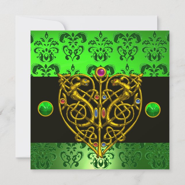 ST. PATRICK'S CELTIC HEART Green Damask Invitation (Front)