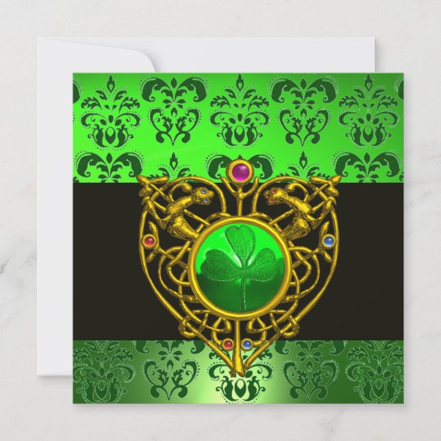ST. PATRICK'S CELTIC HEART Green Damask Monogram Invitation (Front)