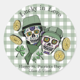 St Patricks Custom Name Green Skull Lucky in Love Classic Round Sticker