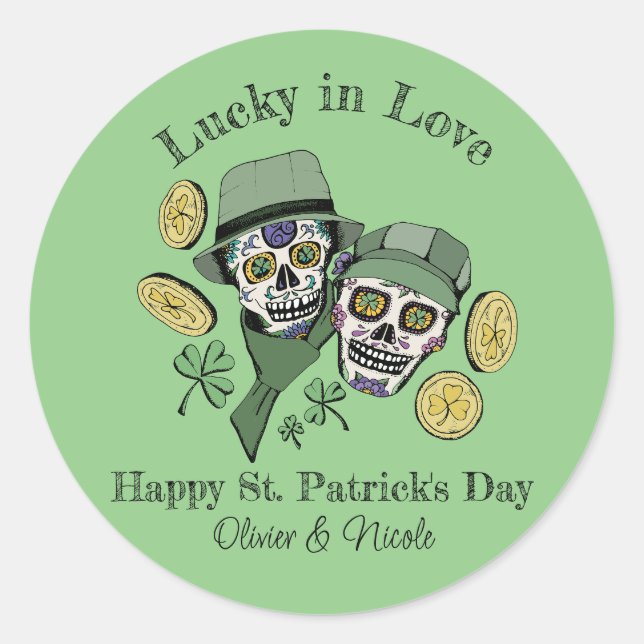 St Patricks Custom Name Green Skull Lucky in Love Classic Round Sticker (Front)