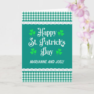 St Patrick's Custom Name Shamrocks Green Checks Card