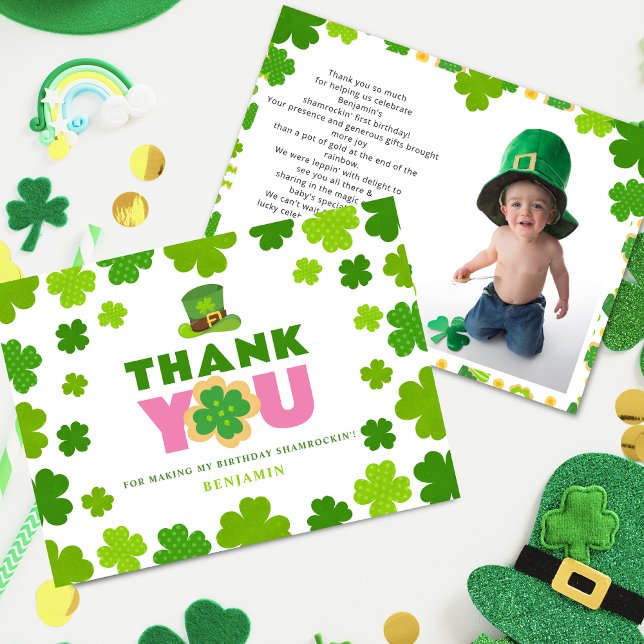 St. Patrick's Day 1st Birthday Clover Custom Photo Thank You Card (Creator Uploaded)