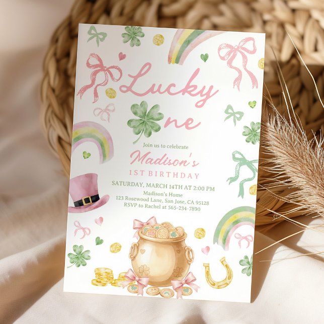 St Patrick's Day 1st Birthday Invitation Pink Bow (Creator Uploaded)