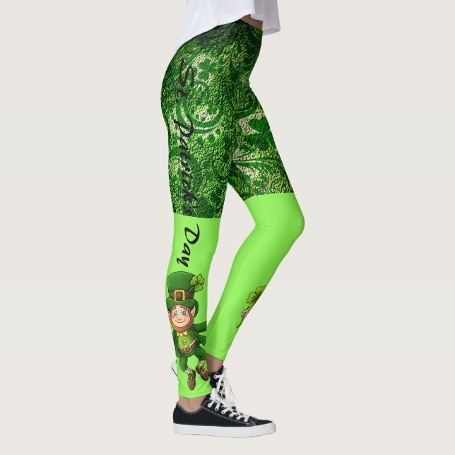 St Patrick's Day 2 Tone Green Fun Leprechaun Leggings (Right)