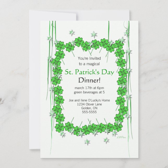 St. Patrick's Day 4-Leaf Clover and Stars Invitation (Front)