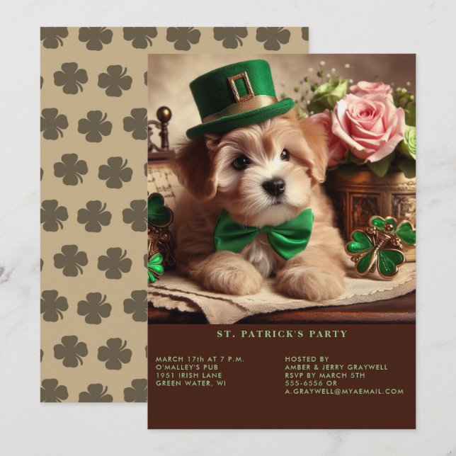 St Patrick's Day Adorable Fluffy Puppy Green Hat Invitation (Front/Back)