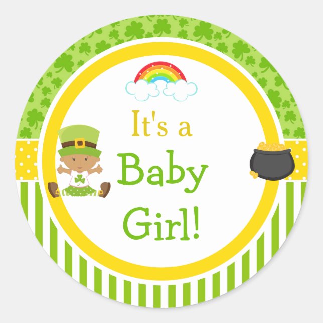 St Patrick's Day African American Girl Baby Shower Classic Round Sticker (Front)